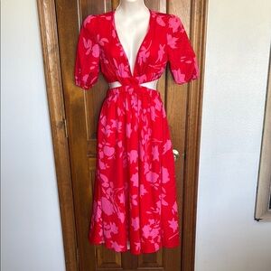 Vibrant Red Midi Sundress with Puff Sleeves and Plunge Neckline for Cocktail